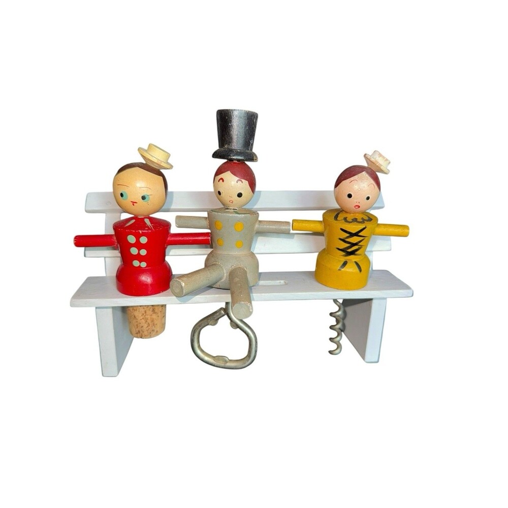 Vintage 1950’s Barware Wooden Bar Set People Figure On Bench Hand Painted